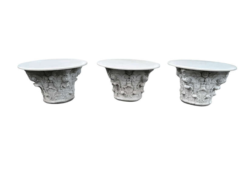 A 20th Century Set of Three Concrete Bases with Marble Tops for use as Coffee / Side / Display Ta...