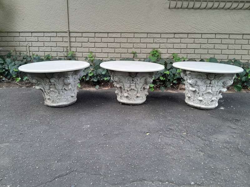 A 20th Century Set of Three Concrete Bases with Marble Tops for use as Coffee / Side / Display Ta...