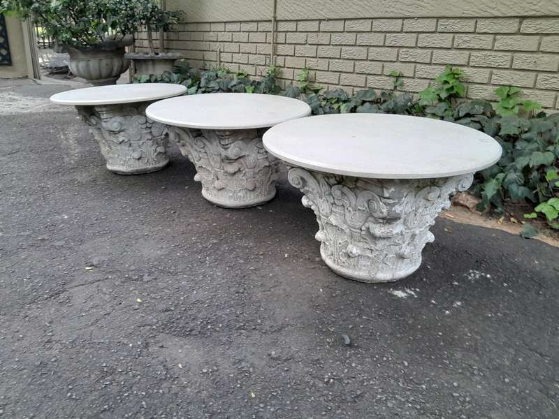 A 20th Century Set of Three Concrete Bases with Marble Tops for use as Coffee / Side / Display Ta...