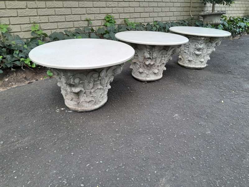 A 20th Century Set of Three Concrete Bases with Marble Tops for use as Coffee / Side / Display Ta...