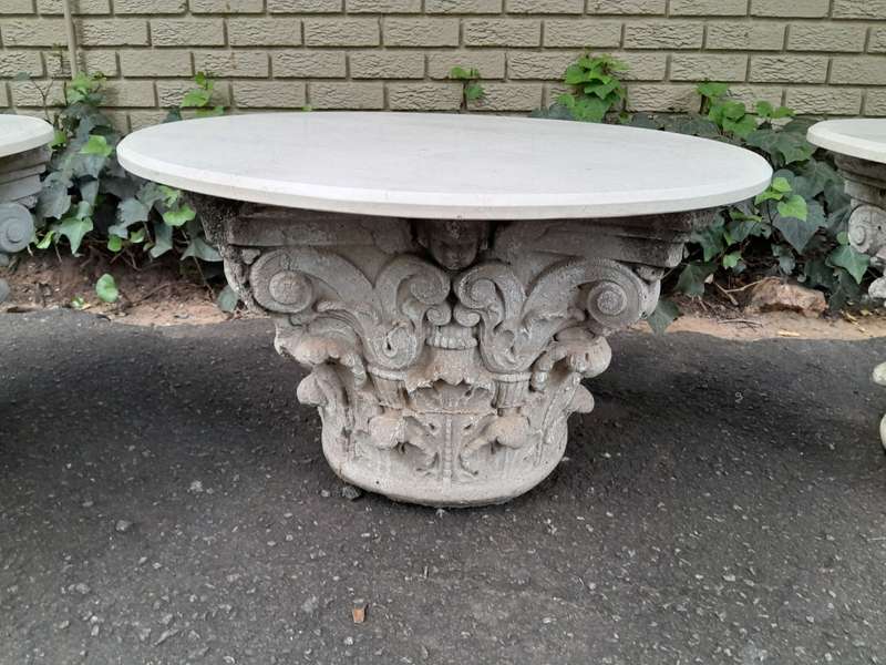 A 20th Century Set of Three Concrete Bases with Marble Tops for use as Coffee / Side / Display Ta...