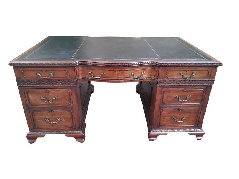 A 20th Century Large Mahogany Partners Pedestal Desk With Black Leather Top And Drawers On Bracke...