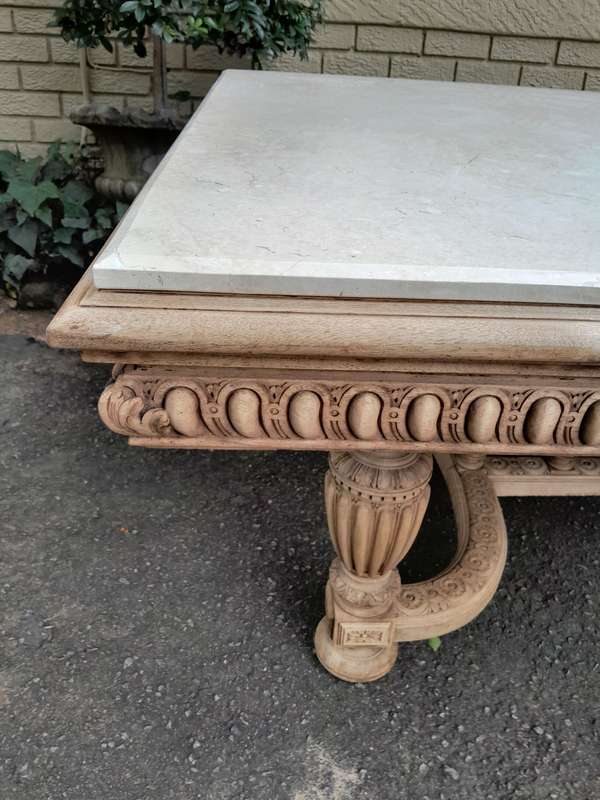 A 20th Century Heavily Carved Mahogany Dining  / Entrance Table In A Bleached Contemporary Finish