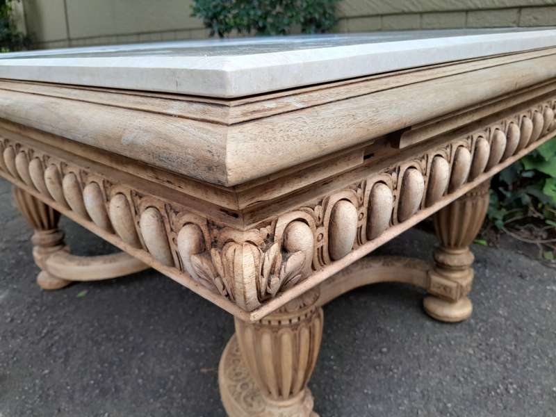 A 20th Century Heavily Carved Mahogany Dining  / Entrance Table In A Bleached Contemporary Finish
