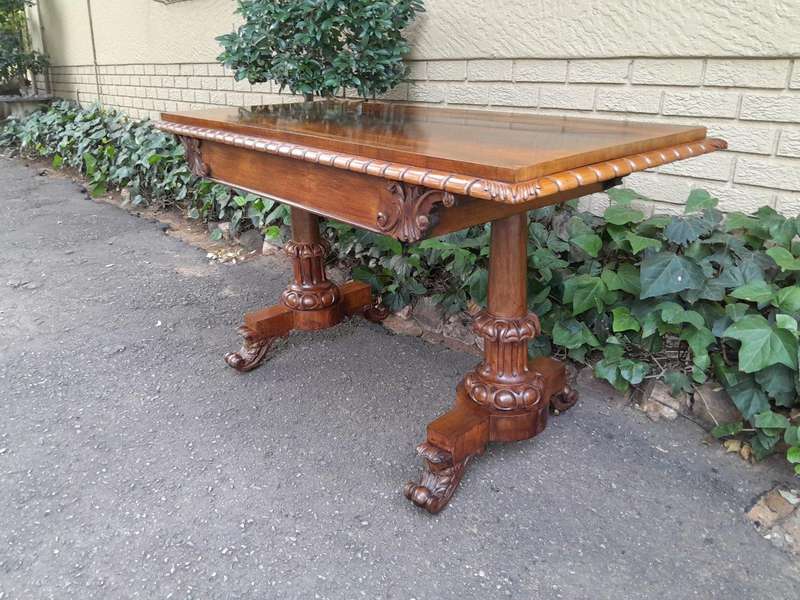 An Antique Victorian Rosewood Library Table / Side / Sofa Table On Castors