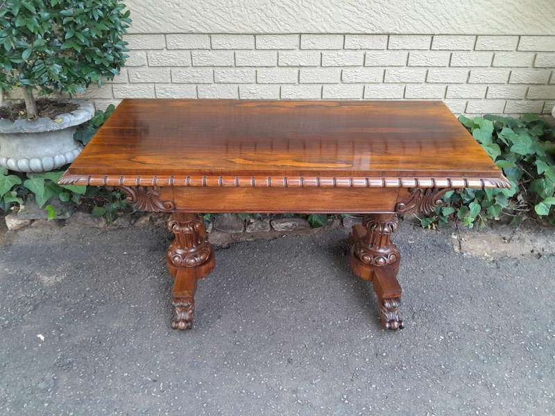 An Antique Victorian Rosewood Library Table / Side / Sofa Table On Castors