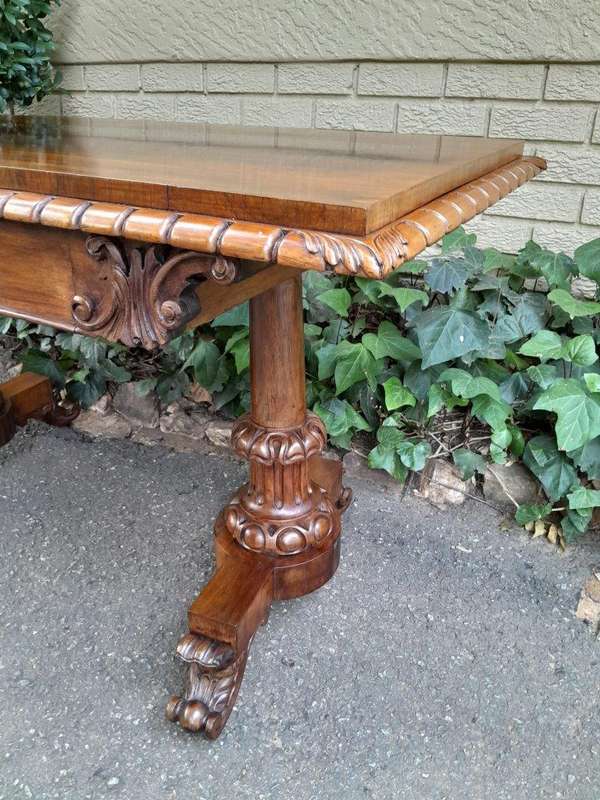 An Antique Victorian Rosewood Library Table / Side / Sofa Table On Castors