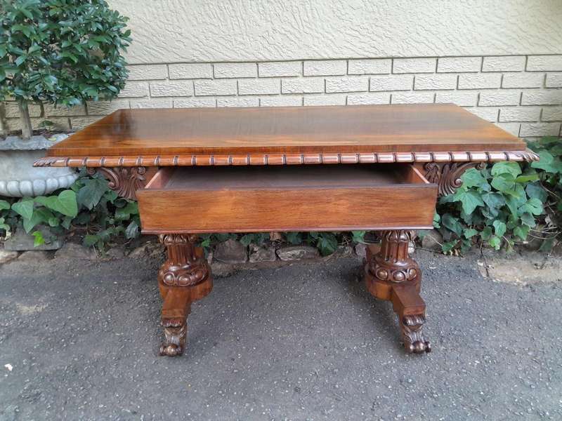 An Antique Victorian Rosewood Library Table / Side / Sofa Table On Castors