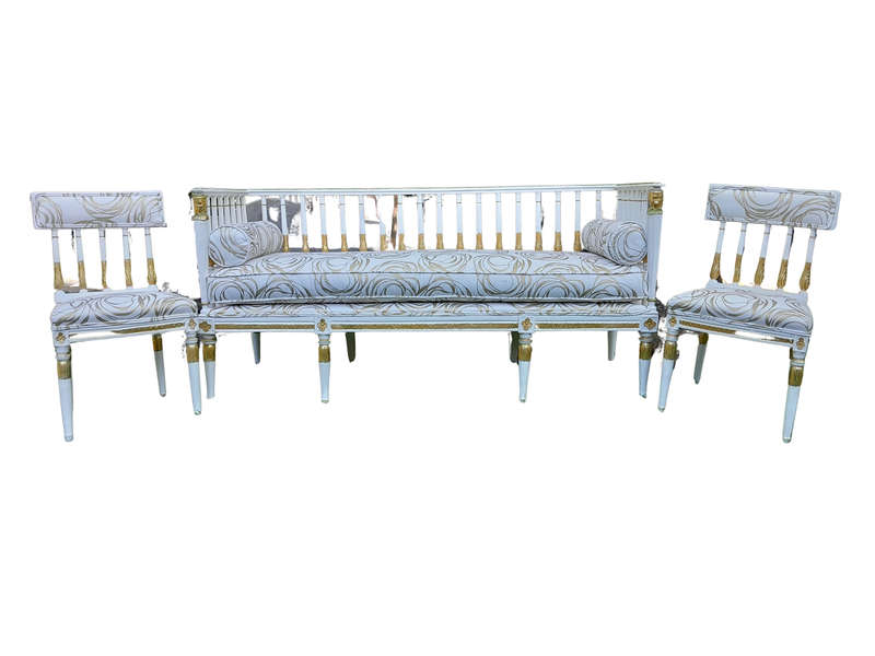 An Antique 19th Century Circa 1800's Set of Swedish Gustavian Period Painted and Gilded Settee an...