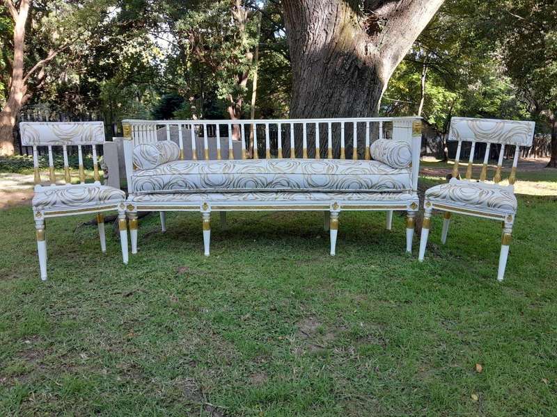 An Antique 19th Century Circa 1800's Set of Swedish Gustavian Period Painted and Gilded Settee an...