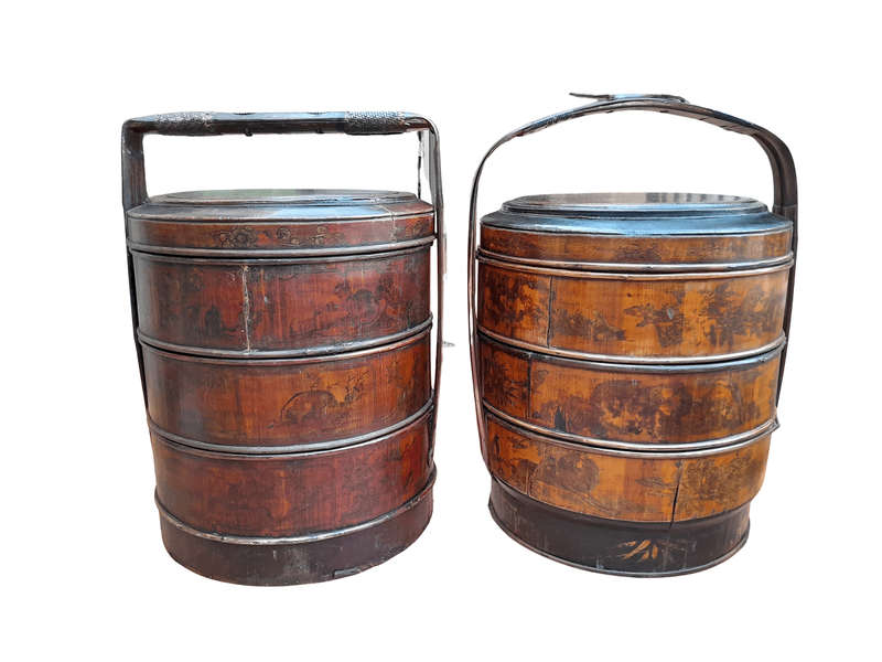 A 20th Century Pair Of Chinese Painted Lacquer Containers Mounted With Brass Handles