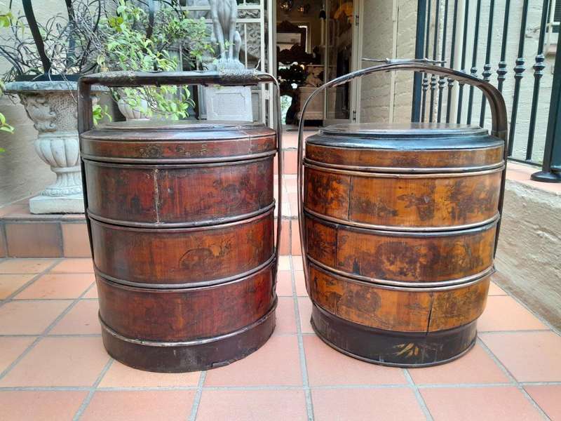 A 20th Century Pair Of Chinese Painted Lacquer Containers Mounted With Brass Handles