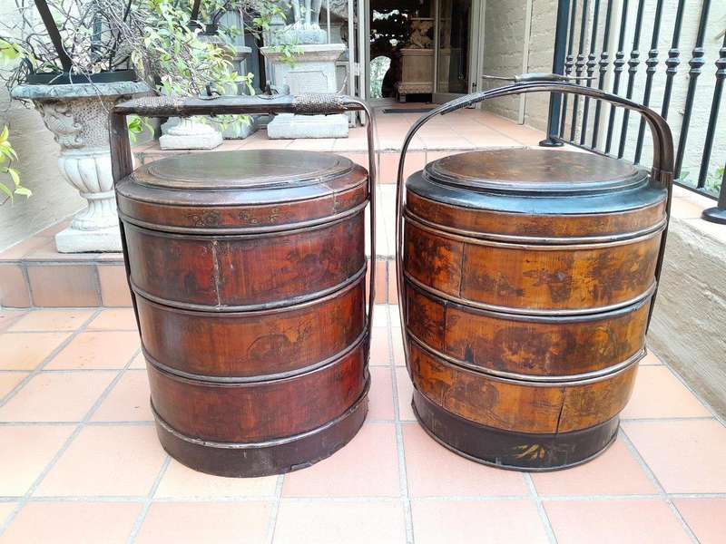 A 20th Century Pair Of Chinese Painted Lacquer Containers Mounted With Brass Handles