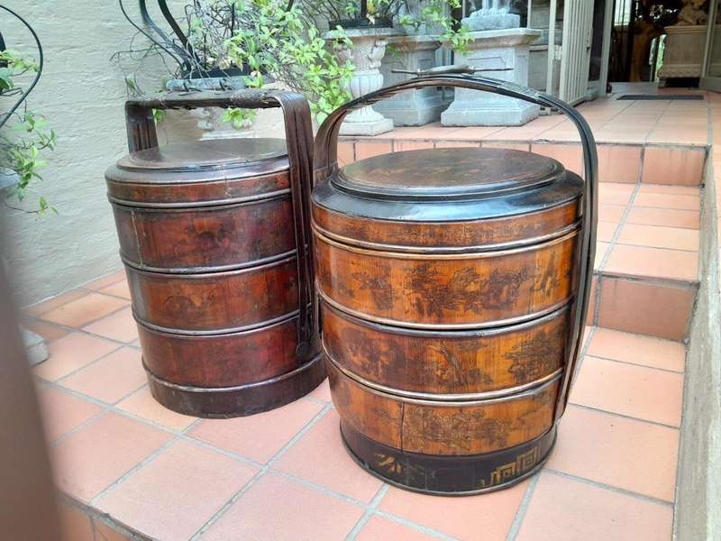 A 20th Century Pair Of Chinese Painted Lacquer Containers Mounted With Brass Handles