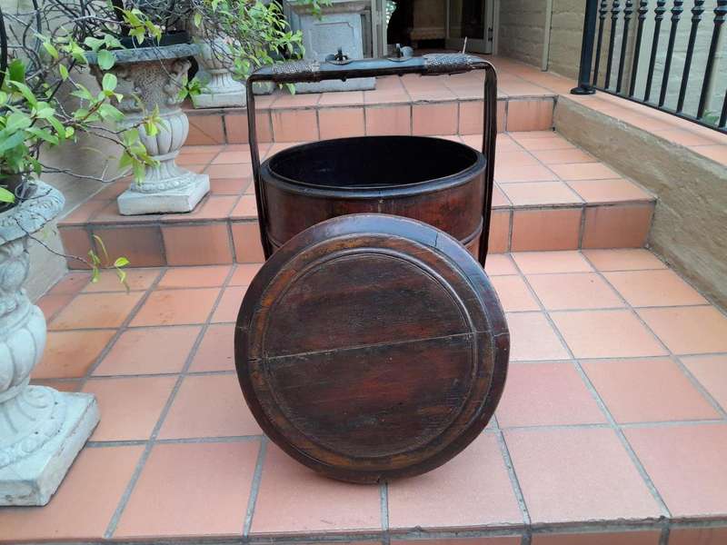 A 20th Century Pair Of Chinese Painted Lacquer Containers Mounted With Brass Handles