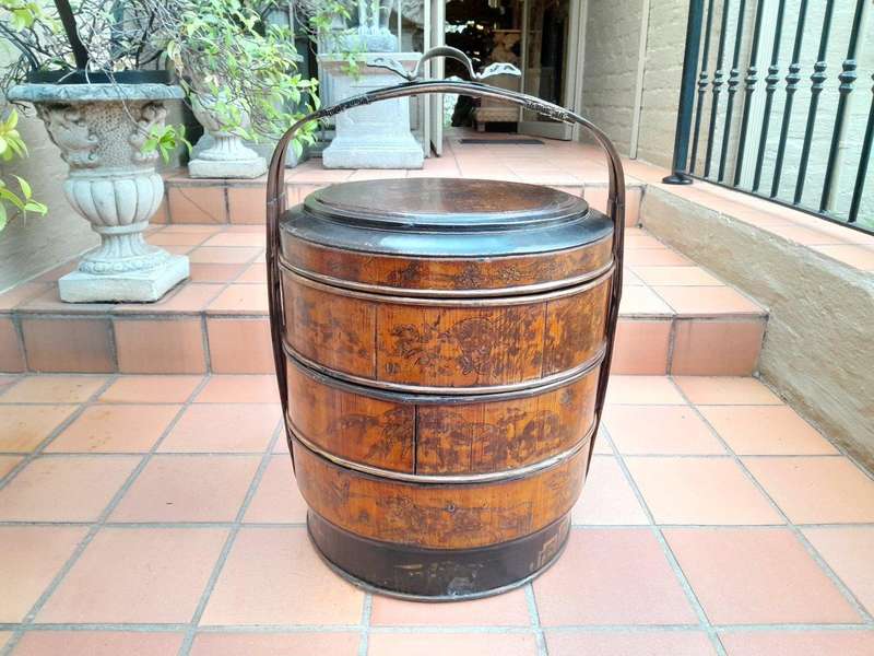 A 20th Century Pair Of Chinese Painted Lacquer Containers Mounted With Brass Handles