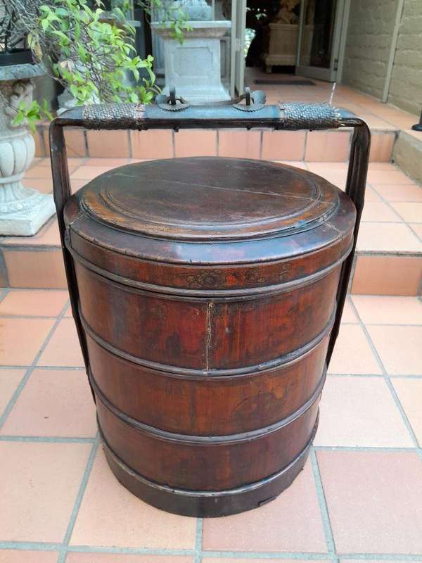 A 20th Century Pair Of Chinese Painted Lacquer Containers Mounted With Brass Handles