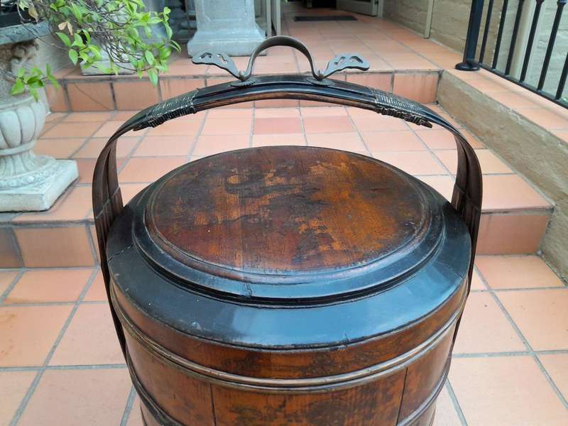 A 20th Century Pair Of Chinese Painted Lacquer Containers Mounted With Brass Handles