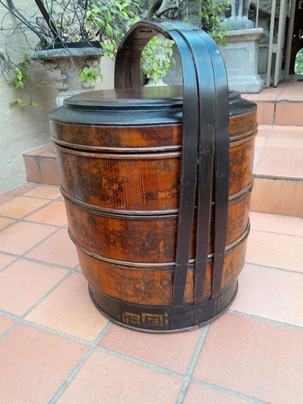 A 20th Century Pair Of Chinese Painted Lacquer Containers Mounted With Brass Handles