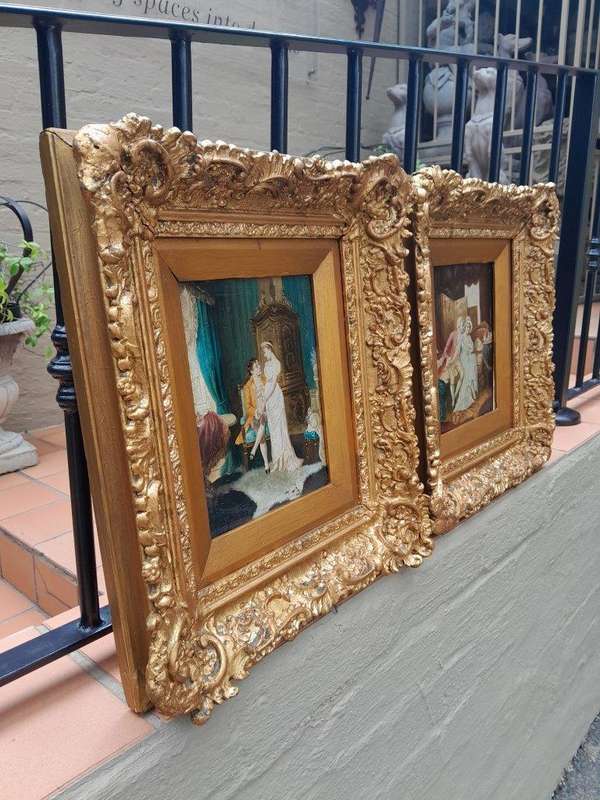 A 20th Century Pair Of Two Couples Oil Painting In Ornately Carved And Gilded Frames