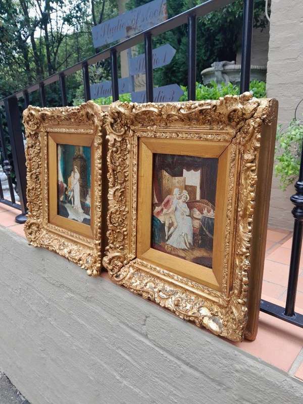 A 20th Century Pair Of Two Couples Oil Painting In Ornately Carved And Gilded Frames