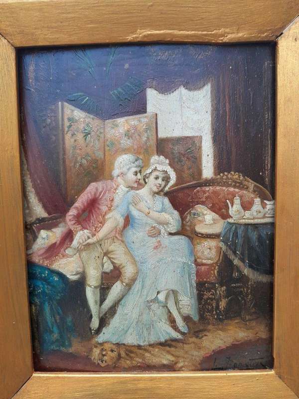 A 20th Century Pair Of Two Couples Oil Painting In Ornately Carved And Gilded Frames