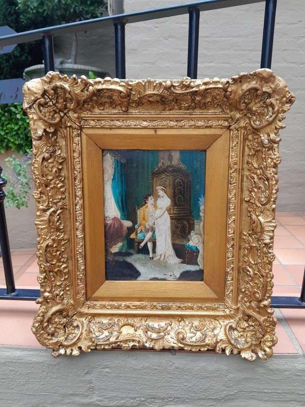 A 20th Century Pair Of Two Couples Oil Painting In Ornately Carved And Gilded Frames
