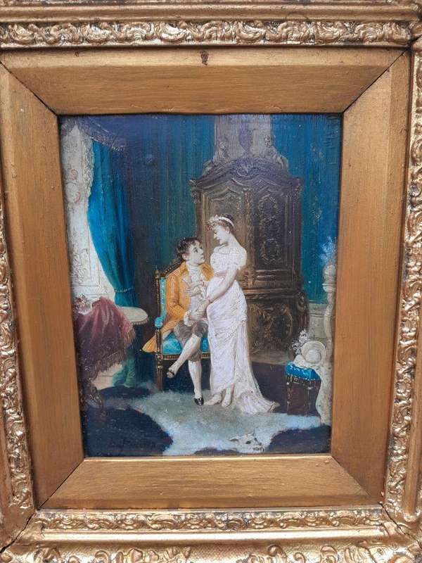 A 20th Century Pair Of Two Couples Oil Painting In Ornately Carved And Gilded Frames