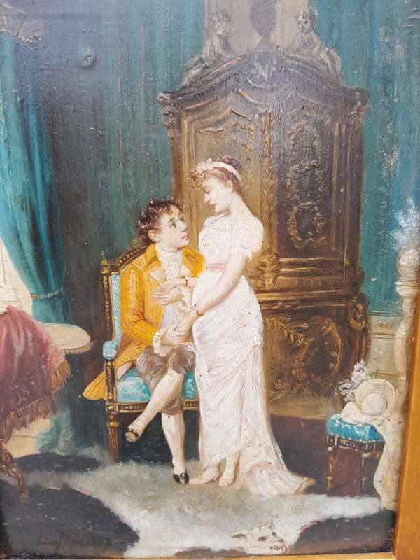 A 20th Century Pair Of Two Couples Oil Painting In Ornately Carved And Gilded Frames