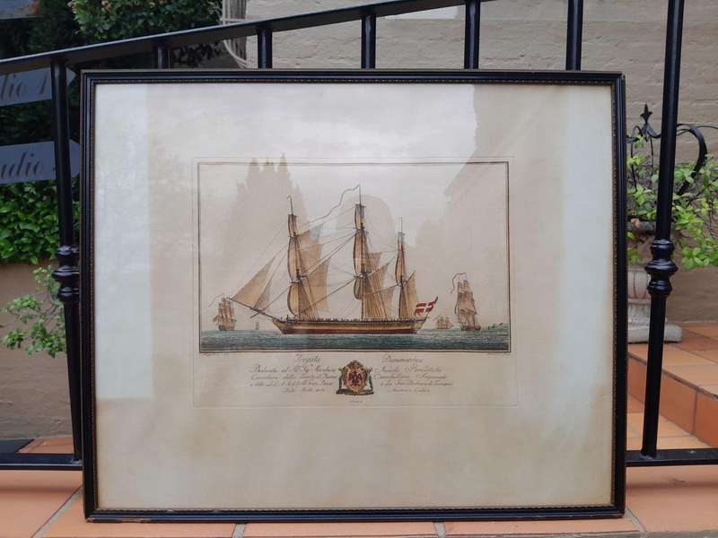 A Naval Study Engraving With Watercolour