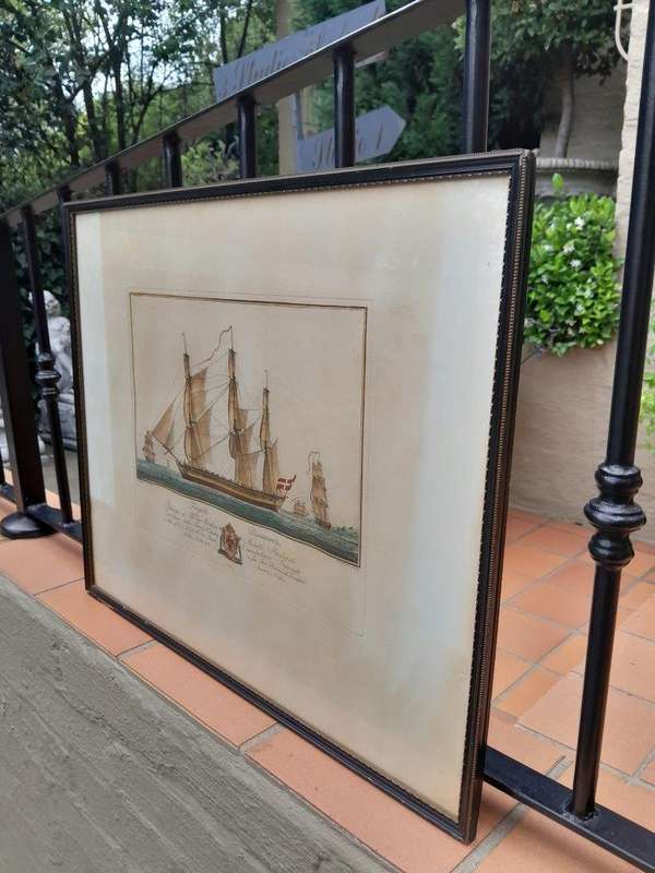 A Naval Study Engraving With Watercolour