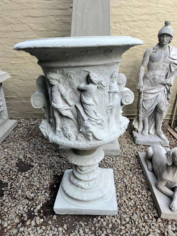 A Pair Of Large Figural Design Pots / Urns Finished In A Concrete Patina Colour
