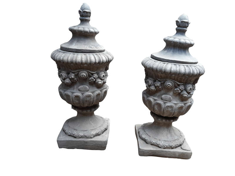 A Pair Of French Style Urns  With Lids Finished In A Concrete Patina Colour