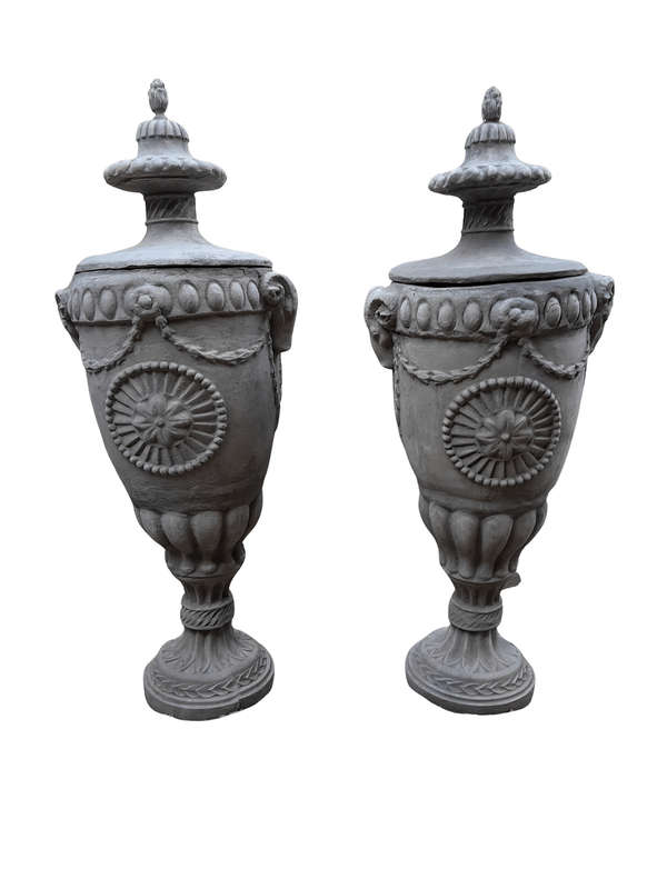A  Pair Of  Large Concrete Urns With Lids Finished In A Concrete Patina Colour