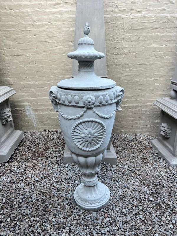 A  Pair Of  Large Concrete Urns With Lids Finished In A Concrete Patina Colour