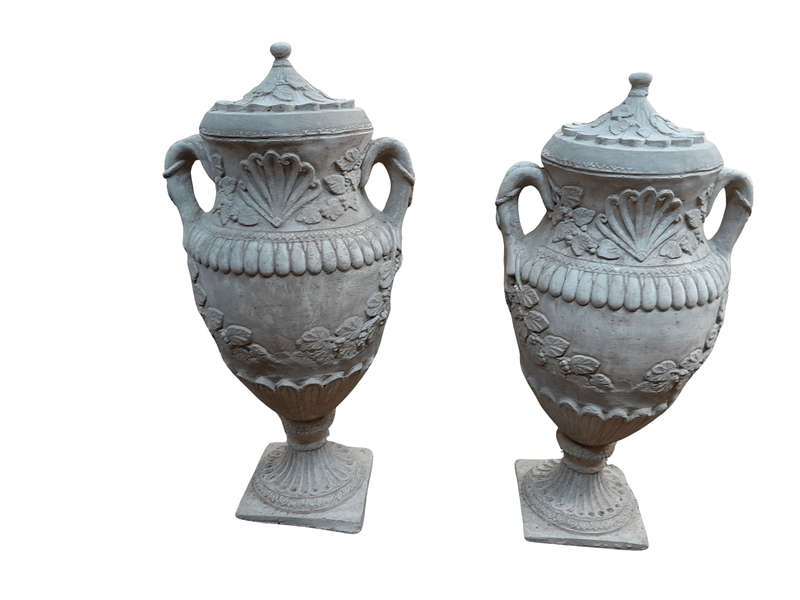 A Pair of Urns with Handles and Lids Finished in a Concrete Patina Colour