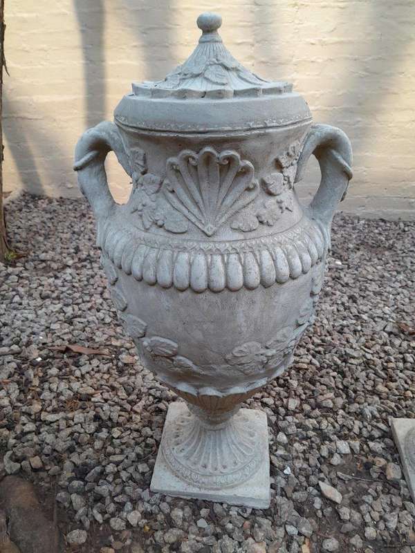 A Pair of Urns with Handles and Lids Finished in a Concrete Patina Colour