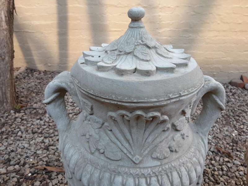 A Pair of Urns with Handles and Lids Finished in a Concrete Patina Colour