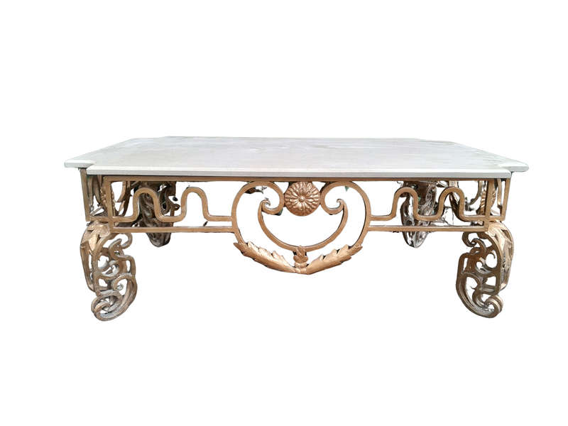 A French Ornate Style Wrought Iron With Marble Top Coffee Table