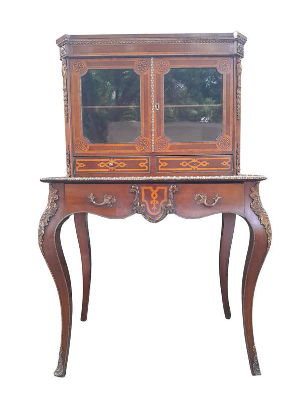 An Early 20th Century/Circa 1930 French Secretaire Inlaid And Gilt Metal In Two Parts With Glazed...