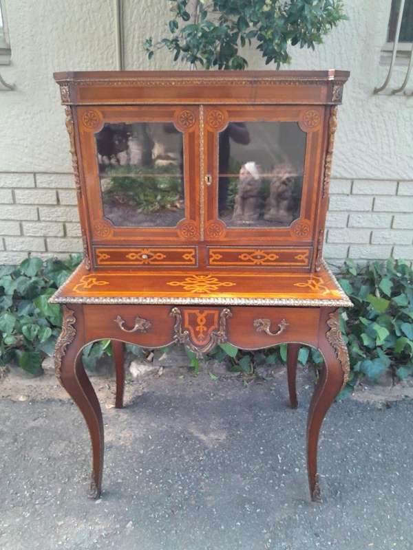 An Early 20th Century/Circa 1930 French Secretaire Inlaid And Gilt Metal In Two Parts With Glazed...
