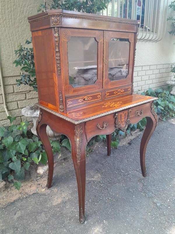 An Early 20th Century/Circa 1930 French Secretaire Inlaid And Gilt Metal In Two Parts With Glazed...