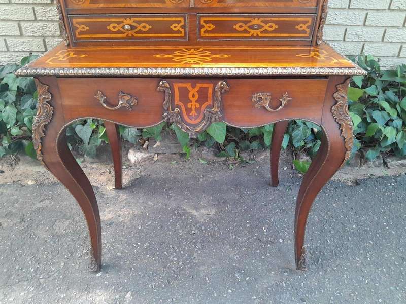 An Early 20th Century/Circa 1930 French Secretaire Inlaid And Gilt Metal In Two Parts With Glazed...