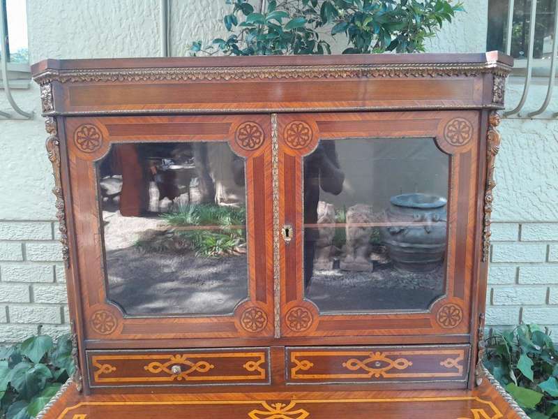 An Early 20th Century/Circa 1930 French Secretaire Inlaid And Gilt Metal In Two Parts With Glazed...