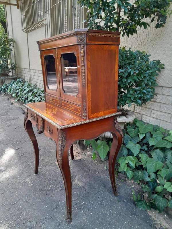 An Early 20th Century/Circa 1930 French Secretaire Inlaid And Gilt Metal In Two Parts With Glazed...