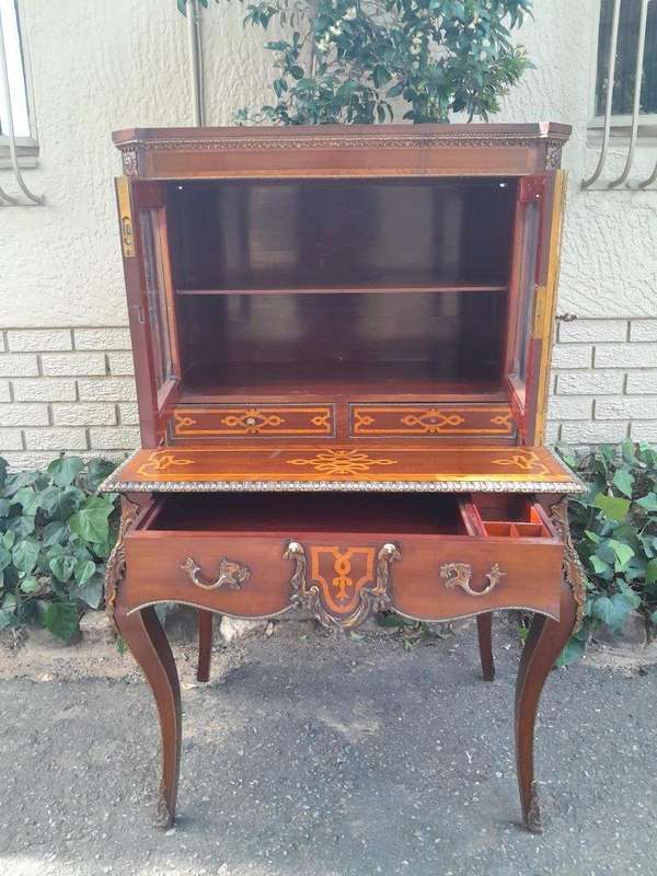 An Early 20th Century/Circa 1930 French Secretaire Inlaid And Gilt Metal In Two Parts With Glazed...