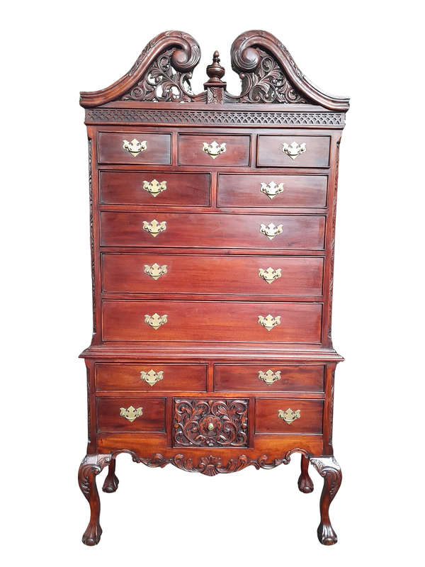 A 20th Century Queen Anne-Style Mahogany Highboy Chest On Chest In Two Parts With Brass Cut Escut...