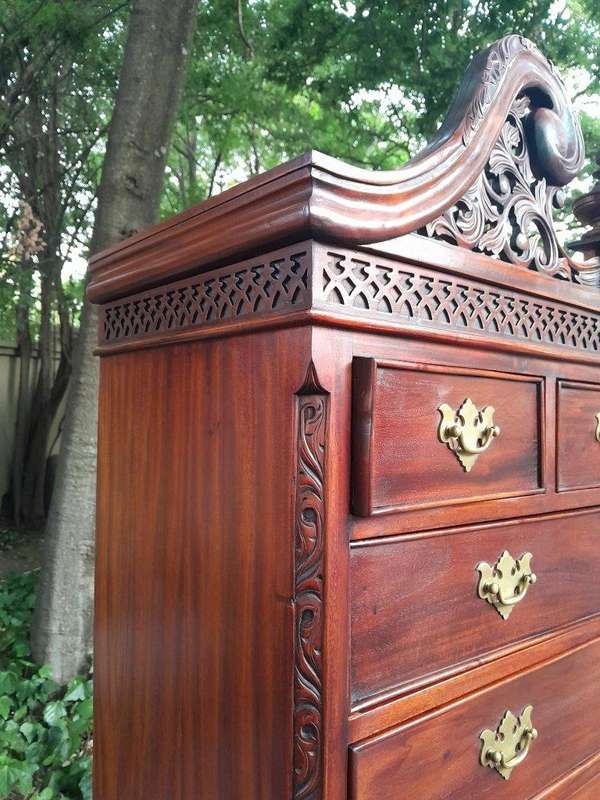 A 20th Century Queen Anne-Style Mahogany Highboy Chest On Chest In Two Parts With Brass Cut Escut...