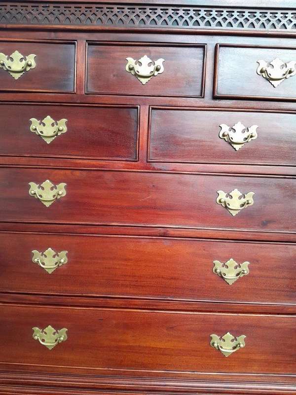 A 20th Century Queen Anne-Style Mahogany Highboy Chest On Chest In Two Parts With Brass Cut Escut...