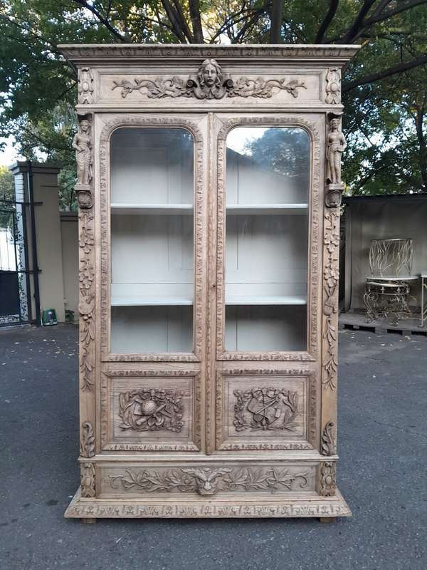 An Antique 19th Century Circa 1880 Large Renaissance-Revival European Oak Carved Bookcase / Cabin...